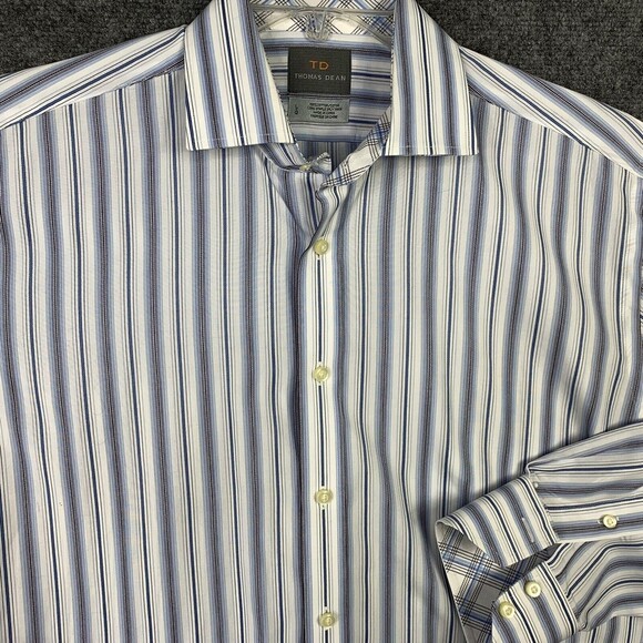 Thomas Dean Button Up Striped Dress Shirt Men Sz Large Flip Cuff Long Sleeve - Picture 2 of 10